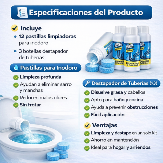 Drainex Pro - Kit de Limpieza para Inodoro + 3x Destapador de Tuberías